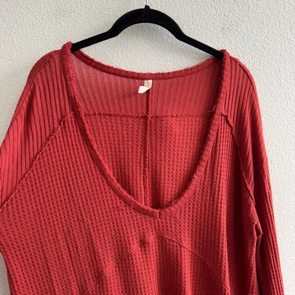 Free People Drippy Thermal Sunset Park Top Dark Rust Red Long Sleeve Waffle Knit - Picture 4 of 9